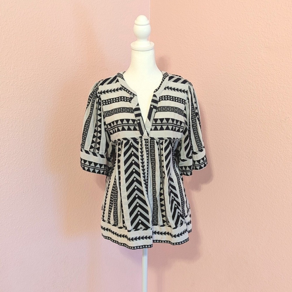 Old Navy Black White Geometric Tribal Print Babydoll Top Womens XL Boho